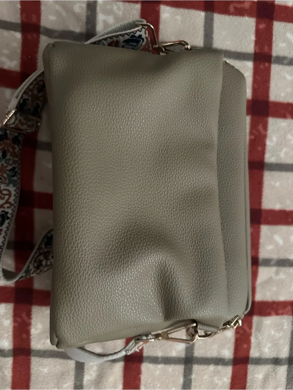 MOTHER AND KUB Taupe Crossbody Diaper Bag with Patterned Strap